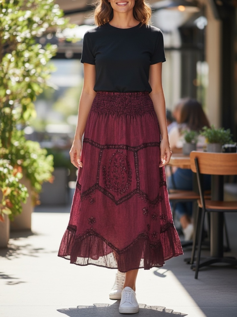 Embroidered Burgundy Maxi Skirt with Smocked Waist
